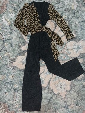 Black and Gold Sparkle Wide-Leg Jumpsuit with Leopard Wrap Top